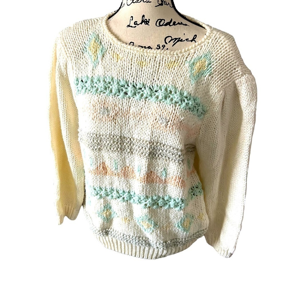 VTG Colter Bay Hand Knit Sweater Women's Pastel  Pattern Puff Sleeve Lrg